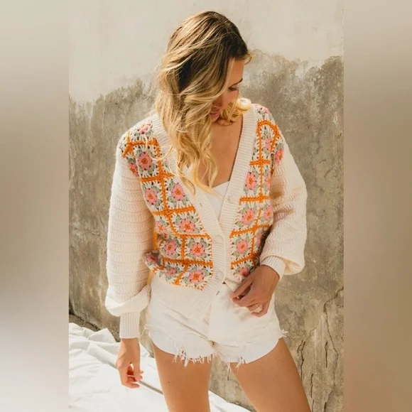 Ivory crochet knit Granny Sleeve floral flower boho bohemian sweater cardigan - Picture 7 of 8